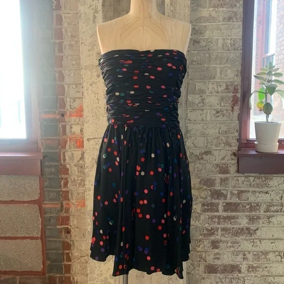 Halston Heritage Womens Strapless Black Polka Dot Silk Dress with Pockets Size 6 - Picture 4 of 16